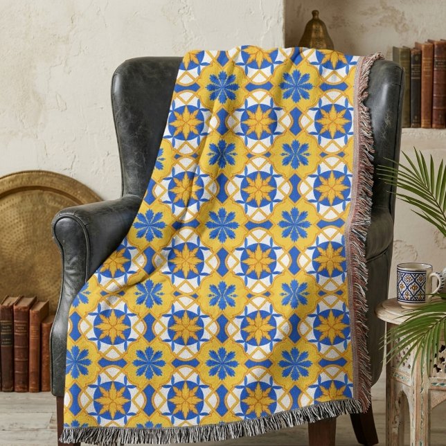 Medelhavsblå gul marockansk kakel mönster filt (Skapare uppladdad)