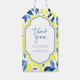 Medelhavsblå gula citroner Bröllopsdusch Presentetikett