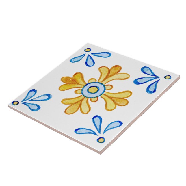 Medelhavsblå Gult Vattenfärg, färgtonad Kakelplatta (Sidan)