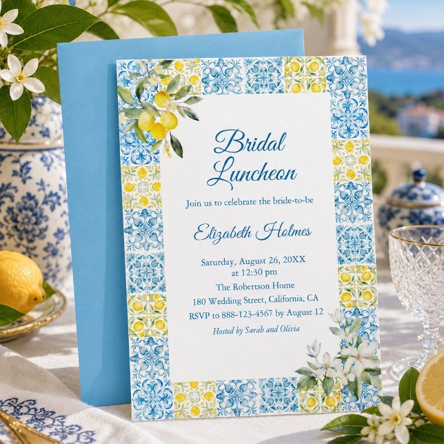Medelhavsblå kakel citron bröllops lunch inbjudningar (Mediterranean Blue Tile Lemon Bridal Luncheon Invitation)