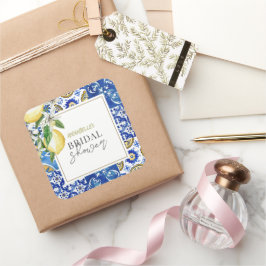 Medelhavsblå Kakel Citron Bröllopsdusch Fyrkantigt Klistermärke