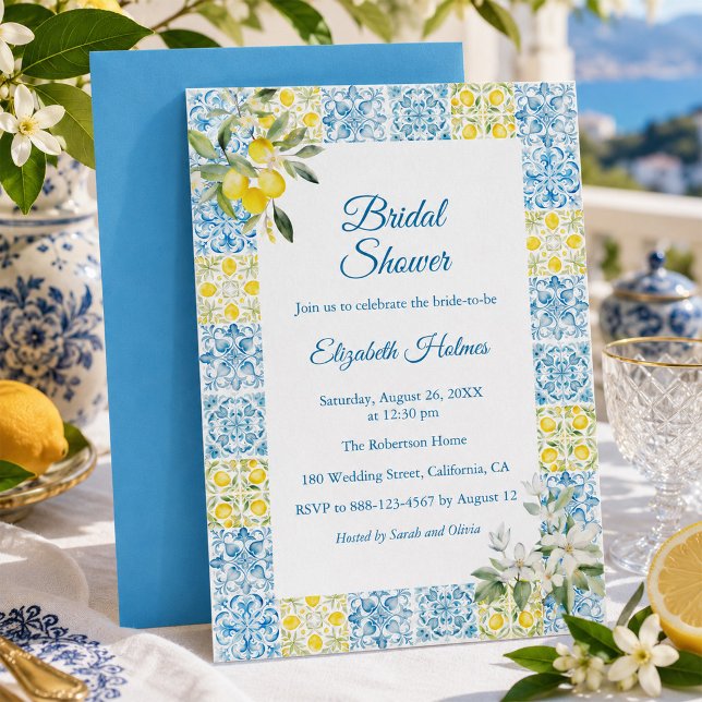 Medelhavsblå kakel citron bröllopsdusch inbjudningar (Mediterranean Blue Tile Lemon Bridal Shower Invitation)