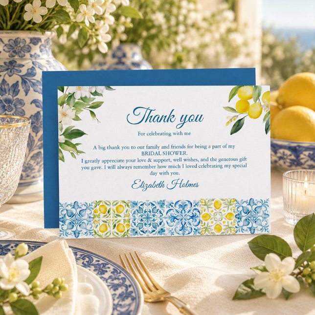 Medelhavsblå Kakel och Citroner Bröllopsdusch Tack Kort (Mediterranean Lemon Bridal Shower Thank You Card)