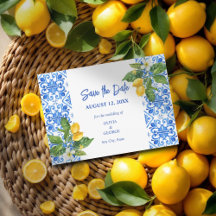 Medelhavsblå kakel och citroner sparar datum 