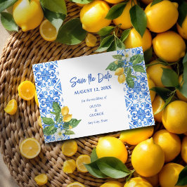 Medelhavsblå kakel och citroner sparar datum  spara datumet