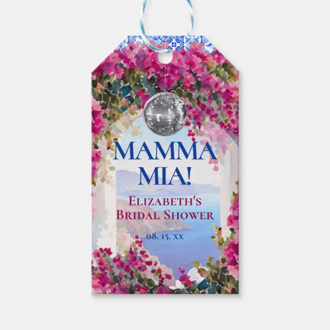 Medelhavsblå kakel rosa blommor Disco Boll Presentetikett (Framsidan)