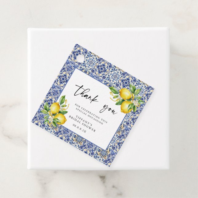 Medelhavsblå Klinker Citroner Bröllopsfest Gåvor Etiketter (På plats)