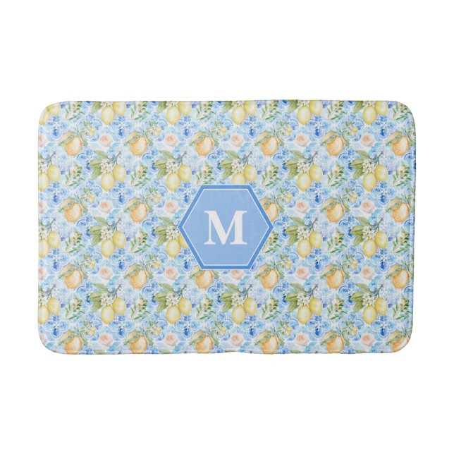 Medelhavsblå Limoncello-monogram kakel med namn Badrumsmatta (Framsidan)