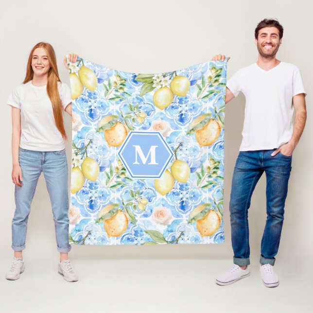 Medelhavsblå Limoncello-monogram kakel med namn Fleecefilt (På plats)