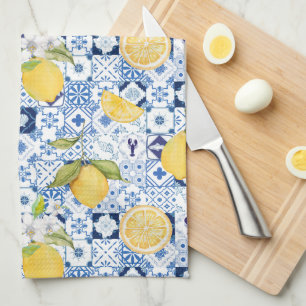 Medelhavsblå Majolica och Citron Kökshandduk
