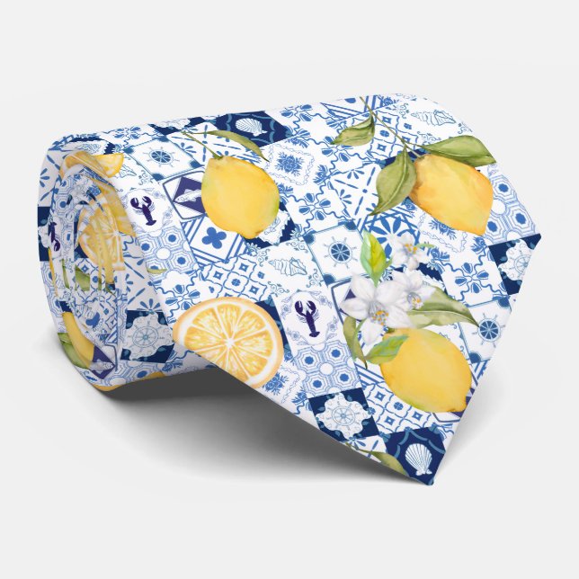 Medelhavsblå Majolica och Citron  Slips (Rullad)