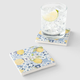 Medelhavsblå Majolica och citron Stenunderlägg