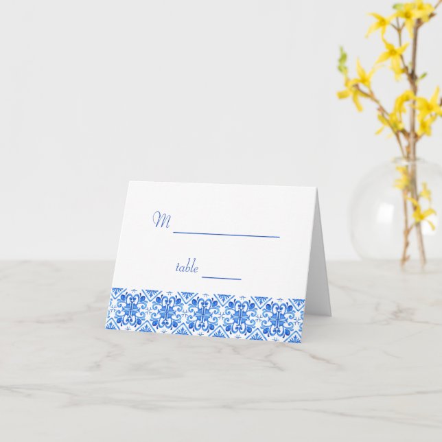 Medelhavsblå plattor bröllop-platskort kort (Gul blomma)