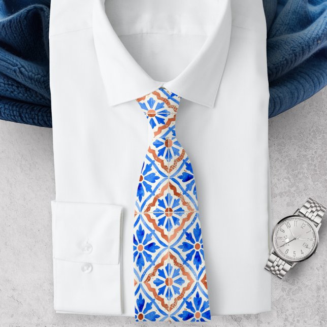 Medelhavsblå Terrakotta Geometrisk Kakel Slips (An elegant necktie with blue, terracotta and white tile pattern in a Mediterranean style)