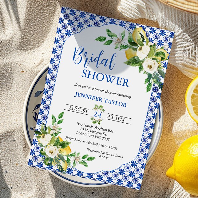 Medelhavsblå tiles Ro Lemon Möhippa Inbjudningar (Blue Mediterranean Tile Bridal Shower Invitations template, Mediterranean Shower Invitation, Lemon)