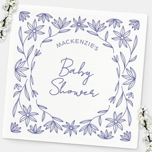 Medelhavsblå Vildblomma Bebisens ankomstfirande Pappersservett (Modern Mediterranean blue and white floral wildflower line art doodle baby shower party paper napkin)
