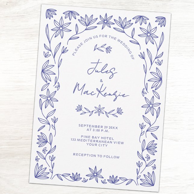 Medelhavsblå Vildblomma QR-kod Bröllop Inbjudningar (Mediterranean floral blue and white QR code wedding invitaiton)
