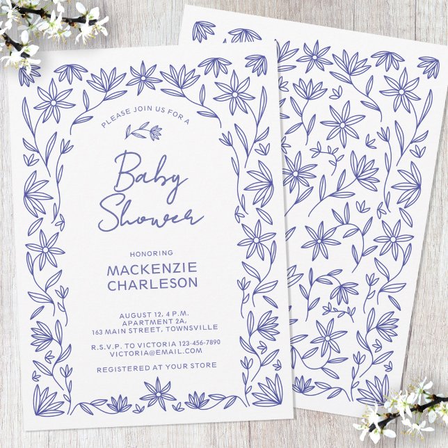 Medelhavsblå Vildblommebåge Bebisens Första Dagfir Inbjudningar (Modern Mediterranean blue and white botanical wildflower line art baby shower invitation)