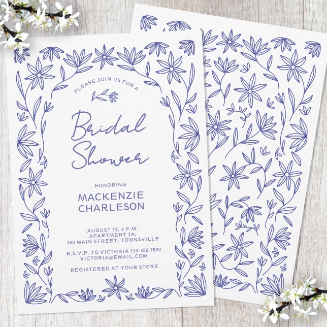 Medelhavsblå Vildblommebåge Bröllopsdusch Inbjudningar (Mediterranean blue and white wildflower floral line art bridal shower invitation)