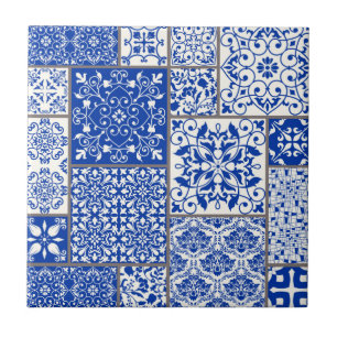 Medelhavsblå & Vit Azulejo Majolica Mosaik Kakelplatta