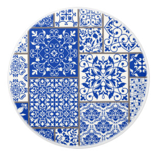 Medelhavsblå & Vit Azulejo Majolica Mosaik Knopp