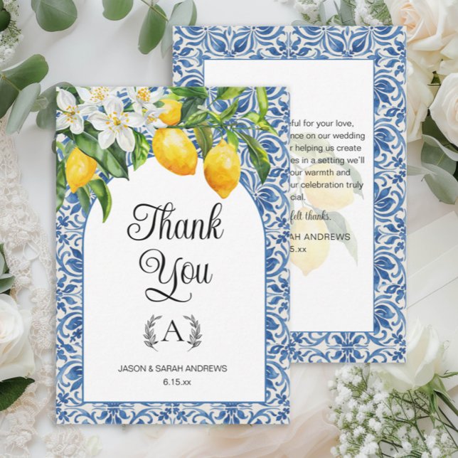 Medelhavsblå vita monogramcitroner Bröllop  Tack Kort (Mediterranean wedding thank you card with blue and white tiles and lemons)