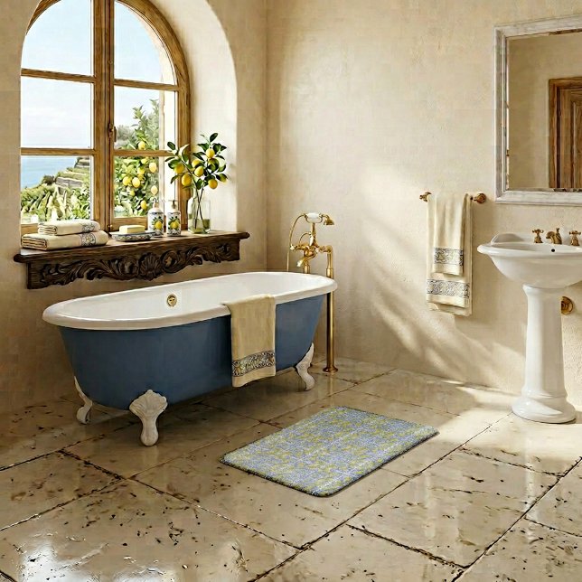 Medelhavsblått & Gult Citron Kakel Mönster Badrumsmatta (Mediterranean Blue & Yellow Lemon Tile Pattern Bath Mat)
