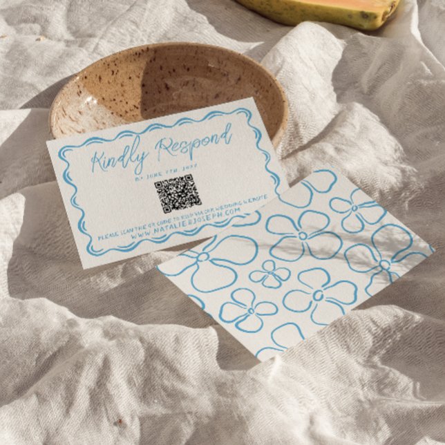 Medelhavsblått Hand plockade QR-kod Bröllop OSA Kort (Skapare uppladdad)