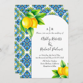 Medelhavsblått och gult citron bröllop inbjudningar