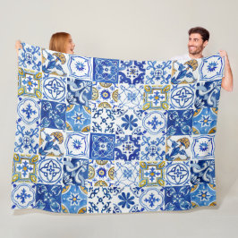 Medelhavsblått, vitt och Gult Blommönster Fleecefilt