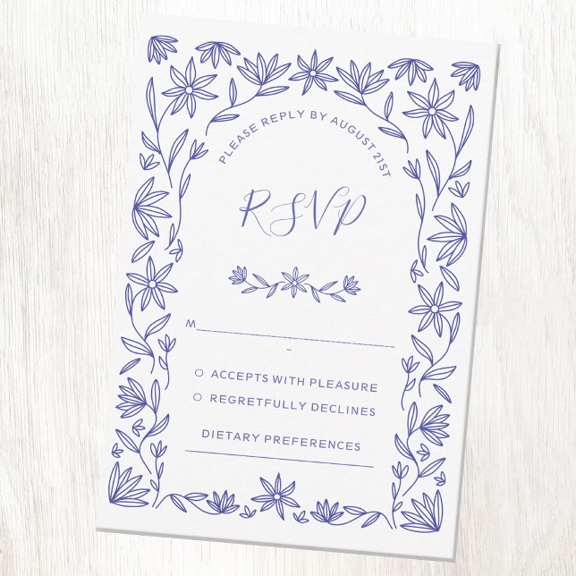 Medelhavsblomma Blå Vit Bröllop RSVP-kort OSA Kort (Skapare uppladdad)