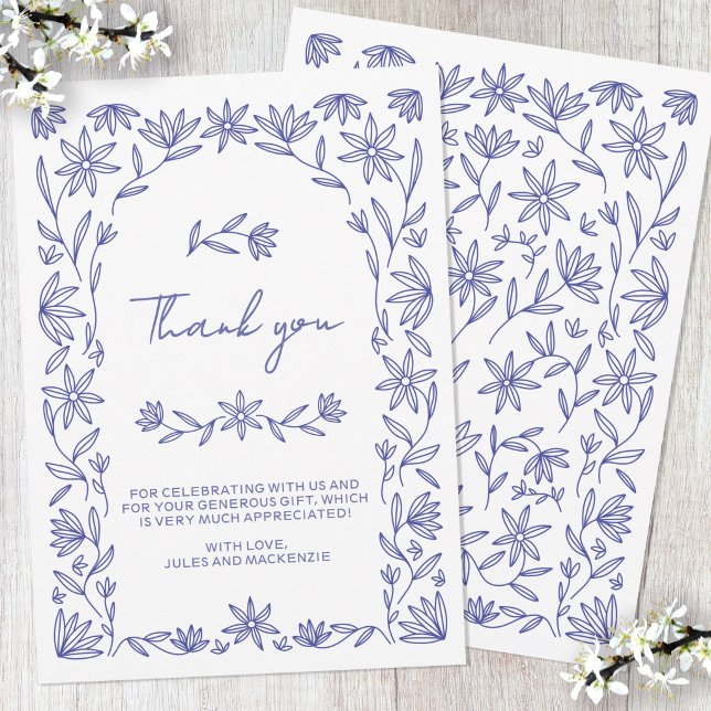 Medelhavsblommig Baby Shower Tacksamhetskort Inbjudningar (Modern Mediterranean blue and white floral line art wildflower arch baby shower thank you card)