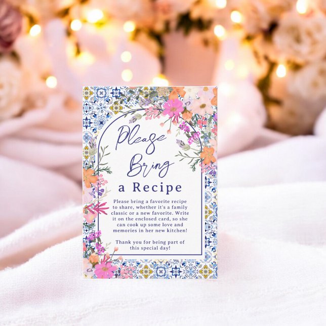 Medelhavsblommig bröllagsrecept på kakelplattor tilläggskort (Mediterranean Floral Tile Bridal Recipe Request Enclosure Card)