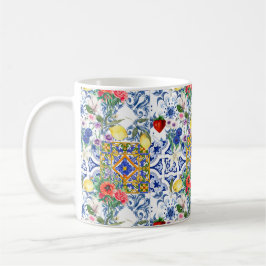 Medelhavsbrickor, citron, blommor, majolica, somma kaffemugg