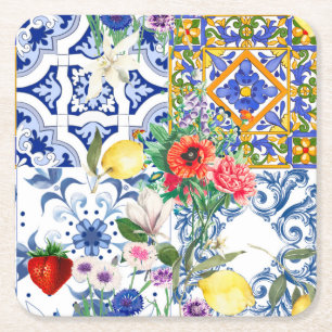 Medelhavsbrickor, citron, blommor, majolica, somma underlägg papper kvadrat