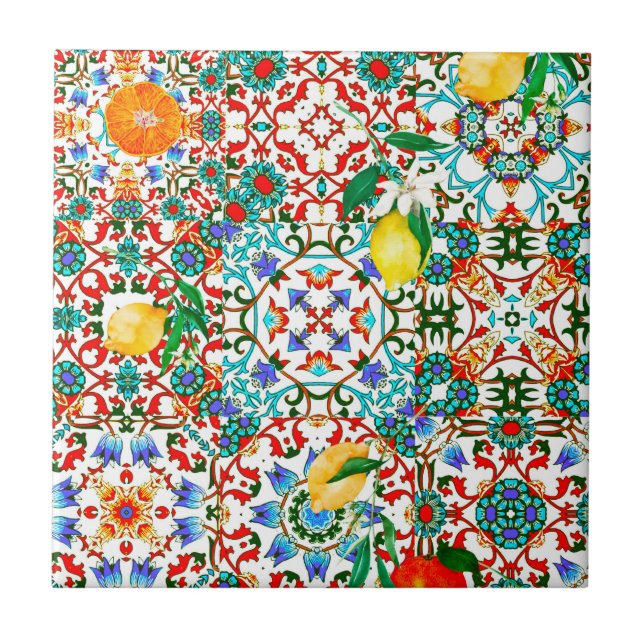 Medelhavsbrickor,mosaik,citron,sommarkonst Kakelplatta (Framsidan)