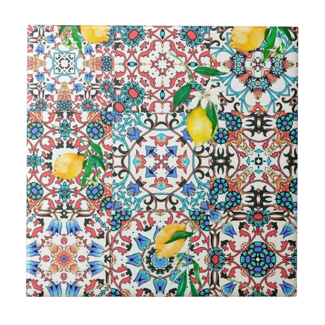 Medelhavsbrickor,mosaik,citron,sommarkonst Kakelplatta (Framsidan)