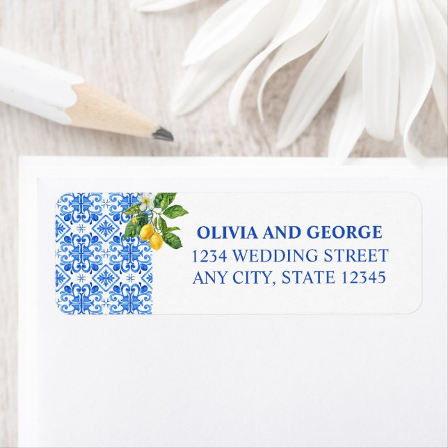 Medelhavsbrickor och citroner bröllop adressetiket returadress etikett (Insitu)