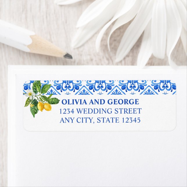 Medelhavsbrickor och citroner bröllop adressetiket returadress etikett (Insitu)