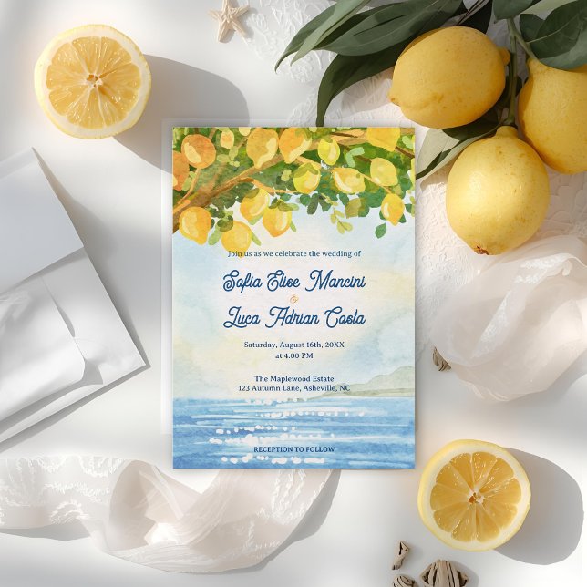 Medelhavsbröllopsinbjudan med citronmotiv  inbjudningar (Lemon Costal Mediterranean Wedding Invitation)