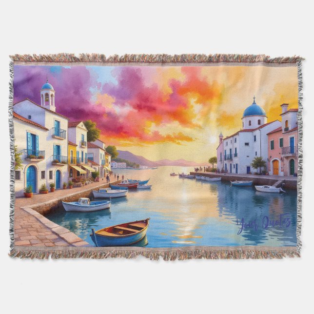 Medelhavsbyns solnedgång vid kusten filt (Framsidan)