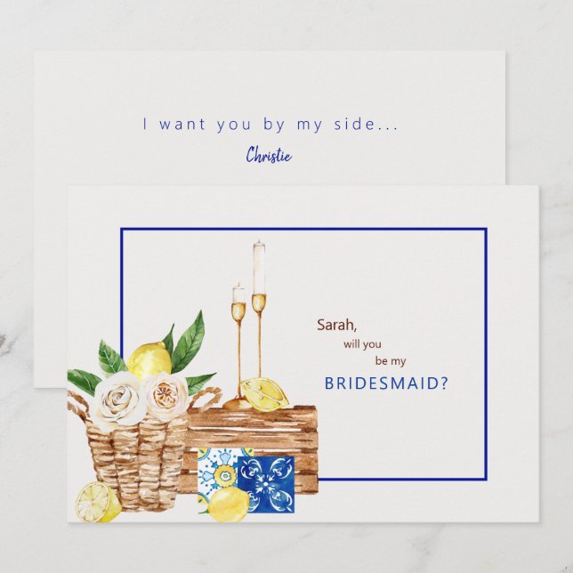 Medelhavsfärgad blir du min bridesmaid inbjudningar (Fram/baksida)
