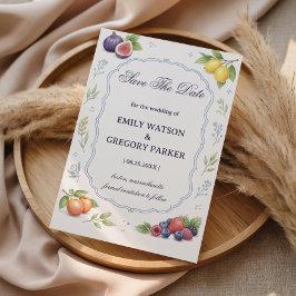 Medelhavsfrukt Blommig Bröllopsannonsering Spara Datumet