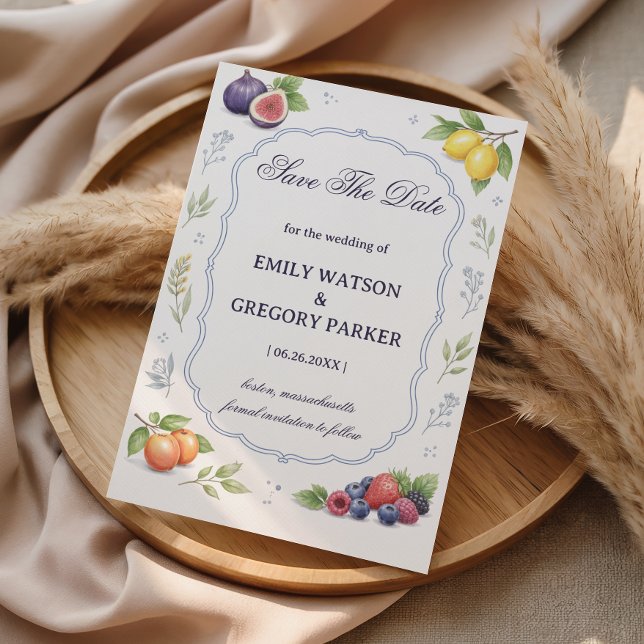 Medelhavsfrukt Blommig Bröllopsannonsering Spara Datumet (Skapare uppladdad)