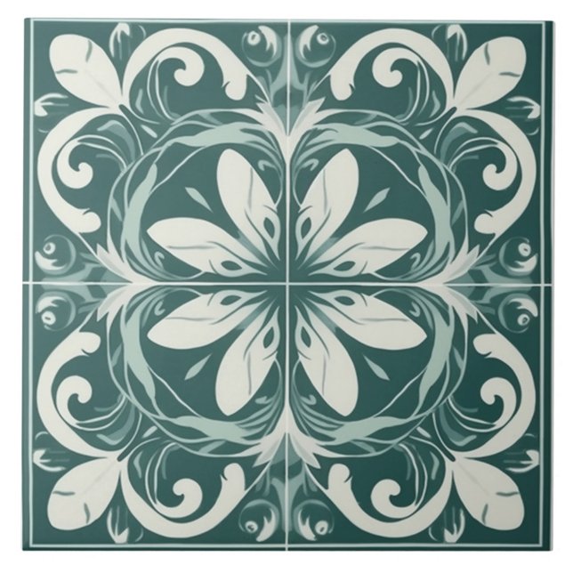 Medelhavsgrön blomkeramikkakel kakelplatta (The complete ceramic tile design. Tiles sold individually.)