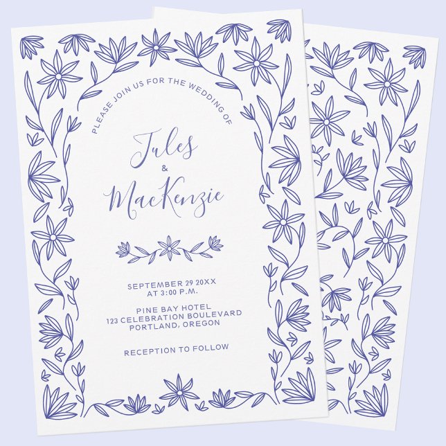 Medelhavshustru blå vit blomster inbjudningar (Modern Mediterranean blue and white floral wedding invitation)