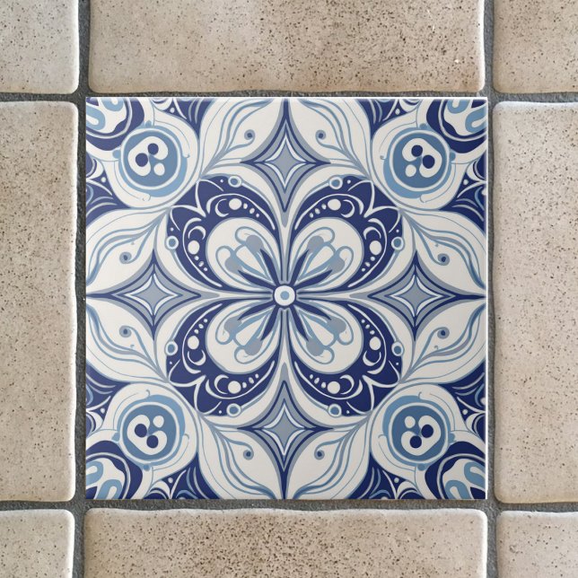 Medelhavsinspirerad Blå Blomma Geometrisk Kakelplatta (Skapare uppladdad)