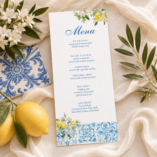 Medelhavsinspirerad blå lemonkaklad bröllopsgolvpl meny (Mediterranean Lemon Blue Tile Wedding Menu)