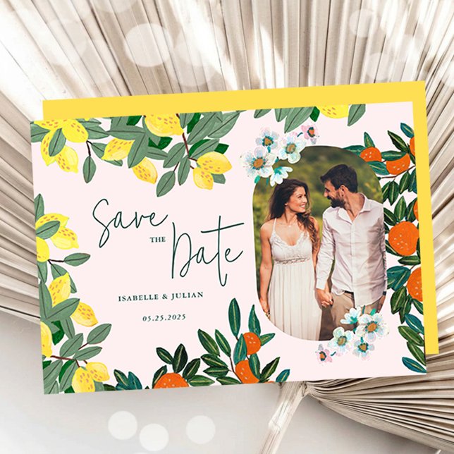 Medelhavsinspirerad Blommig Citrus Bröllop Spara D Datumet (Mediterranean Citrus Floral Wedding Save the Date)
