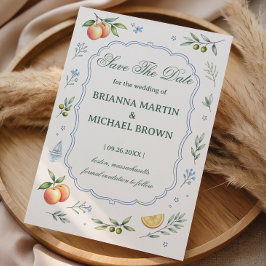 Medelhavsinspirerad Blommig Citrus Bröllopsförvarn Spara Datumet